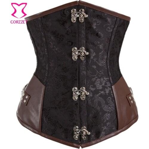 Gothic Black Brocade And Brown Leather Steampunk Corset Underbust Steel Bone Corsets and Bustiers Sexy Korsett For Women Bustier