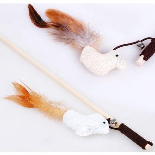 Cat Toy natural wood hemp cloth art mouse head small fish cat toy with bell to tease the club stick