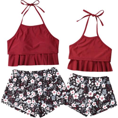 Mommy&Me Family Matching Bikini Mother Daughter Swimwear Sleeveless Tassel Belt Vest Tops+Print Shorts Sets