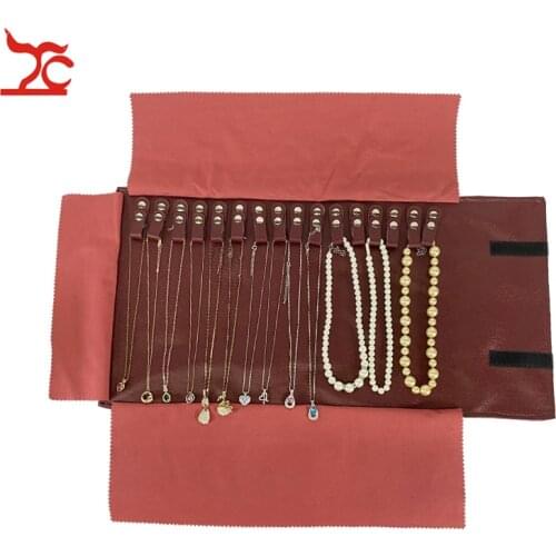 Red PU Necklace Jewelry Storage Travel Roll Bag 16Pcs Beads Chain Organizer Display Pouch Bracelet Packaging Gift Roll Bag