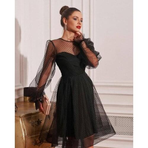Little Black Dot Prom Dresses Sexy Illusion Long Puff Sleeve Tulle Knee Length Cocktail Party Gowns High Quality