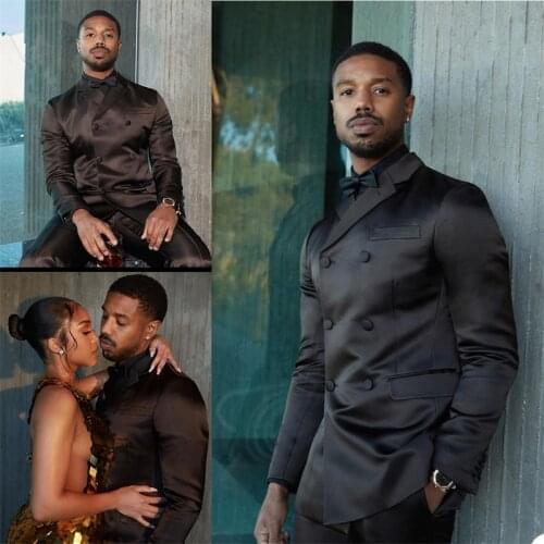 2 Pieces Fashion Men Suits Black Silk Satin Jacket+Pant Custom Made Double Breasted Formal Wedding Suit Plus Size Party Suit