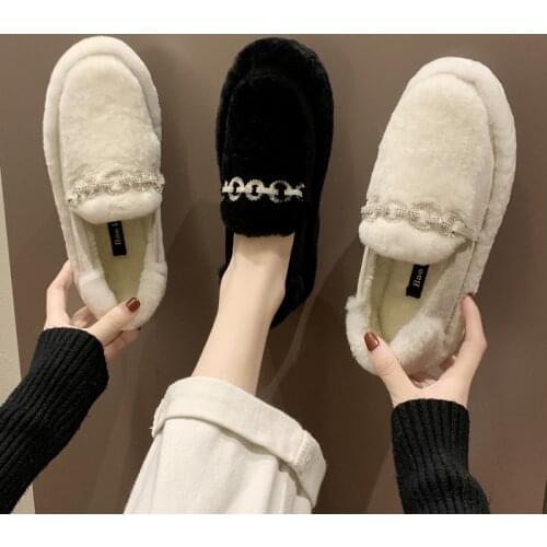 Winter Moccasins Ladies Furry Ballet Flats Foldable Fur Home Shoes Women Flat Loafers Sequin Decoration Slip on Round Toe W36-52