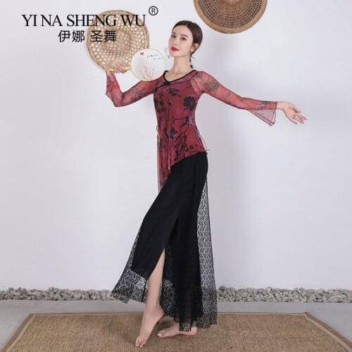 Classical Dance Clothing Body Rhyme Practice Clothes Performance Clothing Test Trumpet Sleeve Printed Net Yarn Elegant Nationa