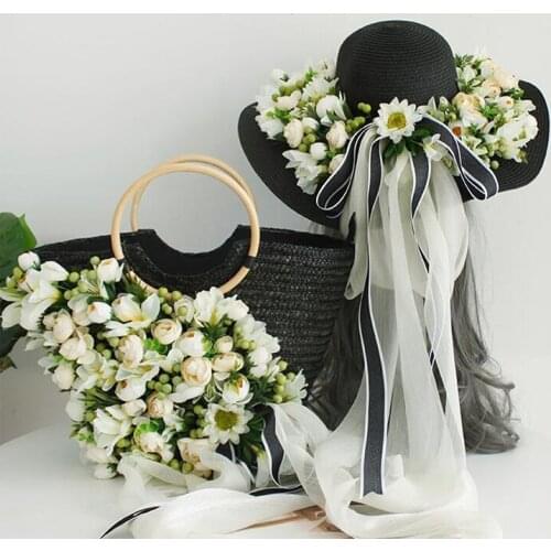 Handmade woven bag luxury designer flower straw bag for women fashion black sun hat bag set travel handbag Holiday Beach bag