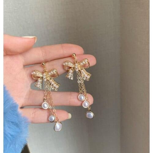 Luxury Zirconia Bow Pearl Tassel Long Drop Dangle Earrings For Women Wedding Brides Trend Clip On Earring Party Ear Cuff Jewelry