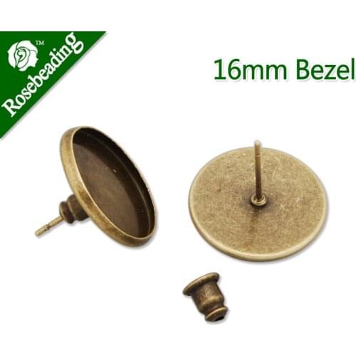 16MM Round bezel stud earring,Antique Bronze,v,Round Back,fit 16mm glass cabochon;sold 50pcs/lot