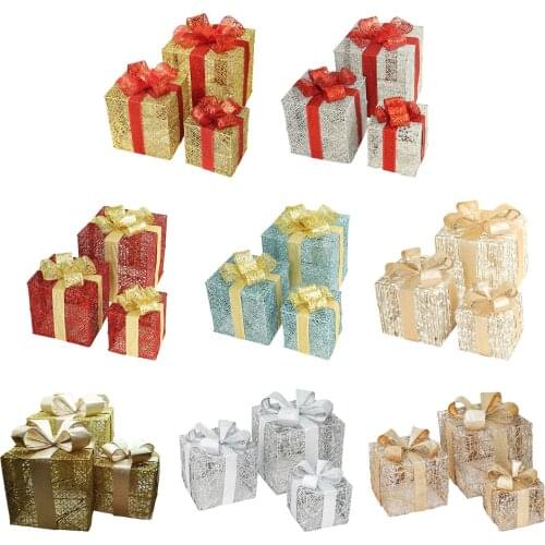 3PCS Luminous Christmas Wrought Iron Gift Box With Warm White LED String Lights For Christmas Tree Decor Ornament