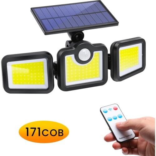 171 COB Solar LED Light Outdoor 3 Head Motion Sensor 270° Wide Angle Illumination Waterproof Remote Control Wall Lamp for Garden