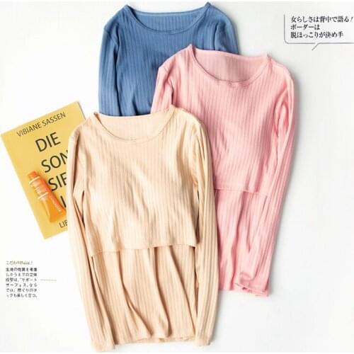 High quality Long-Sleeved Cotton Home Shirt For Feeding Soild Color O-neck Pregnancy T shirt With Nursing Pad Maternity Clothes