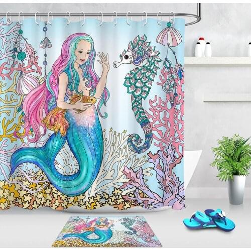 Cartoon Mermaid Polyester Curtain Waterproof Bath Curtain for Bathroom Products Underwater World Shower Curtain Doormat
