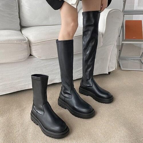 Autumn Boots For Women Soft PU Chunky Heels Ladies Long Boots 2021 Fashion Female Mid-calf Boots Non-slip Platform Ankle Boots