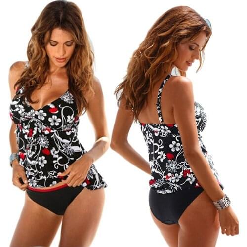 Women 2018 High Waist Swimsuit Bodysuits Two Pieces Tankini Vintage Bathing Suit Print Retro Push Up Swimwear With Cup