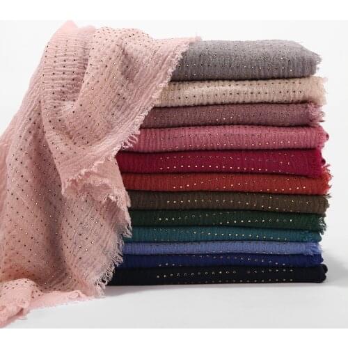 Women Bubble Plain Cotton Hijab Scarf Shawl Rhinestone Fringes Oversized Long Breathable Cotton Muslim Head Scarves Pashmina