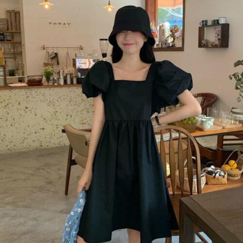 Dress Women Short Sleeve Lantern Sleeves Sqaure Collar A-Line Colorful Empire Loose Midi Summer Dresses Elegant Korean Style