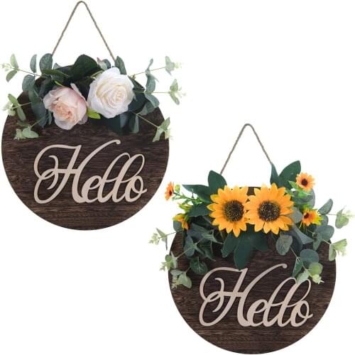 Welcome Sign for Front Door Artificial Flower Wreath Round Wood Hangers Artificial Flower Garland Ornament Home Decoration