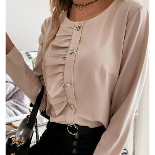2020 Casual White Black Ruffle Blouse Shirt Autumn Winter Long Sleeve Women Shirts Elegant Office Lady O-Neck Button Tops Blusa