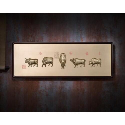 36.2inches Chinese zodiac Animal Art Deco Brass Five Lucky Ox Oxen plaque sculpture Decoration Home Furnishings Gift Statue