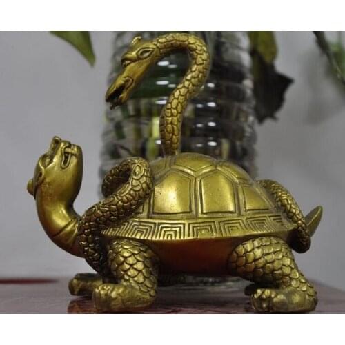 6"Chinese fengshui brass longevity Snake tortoise xuanwu God beast animal statue