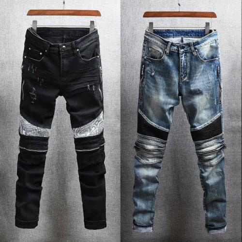American Streetwear Fashion Men Jeans Slim Fit Elastic Cotton Denim Ripped Punk Trousers Patches Designer Hip Hop Biker Pants