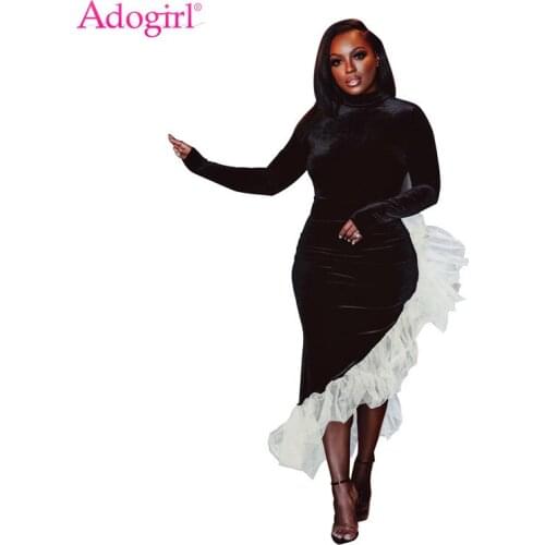 Adogirl White Mesh Ruffle Black Velvet Dress Women Fashion Sexy High Neck Long Sleeve Backless Asymmetrical Maxi Party Dress