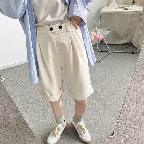 Large size summer button decoration loose simple straight Capris mid length pants fashionable mens Korean yuppie Harlem shorts