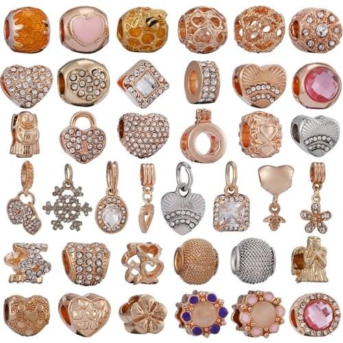 2Pcs/Lot Of Golden Cute Bee, Rhinestone And Love Charm Beads Suitable For Ladies Brand Bracelet Necklace DIY Jewelry Accessories