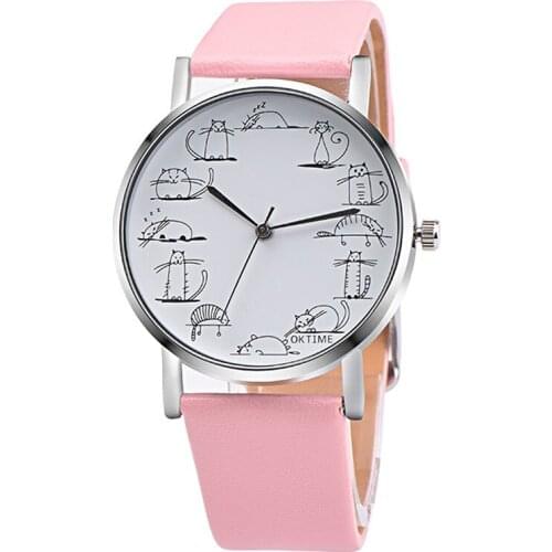 No Scale Blank Dial Ladies Girls Watch Design Lovely Cartoon Cat Leather Band Analog Alloy Quartz Wrist Watch часы женские