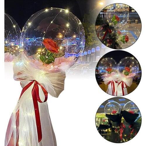 Diy Led Light with Rose Flower Balloons Birthday Decoration Transparent Balls Valentines Day Led Luminous Balloon Rose Bouquet