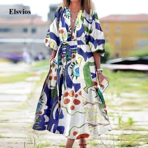 Elsvios Women Print O-Neck Long Dress Vintage Lantern Half Sleeve Dress Autumn Casual Bandage Sashes Maxi Dress Vestidos