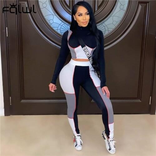 FQLWL Patchwork Ladies Tracksuit Female 2 Two Piece Set Women Outfits Bodycon Crop Top Leggings Sweat Suit Matching Sets Female