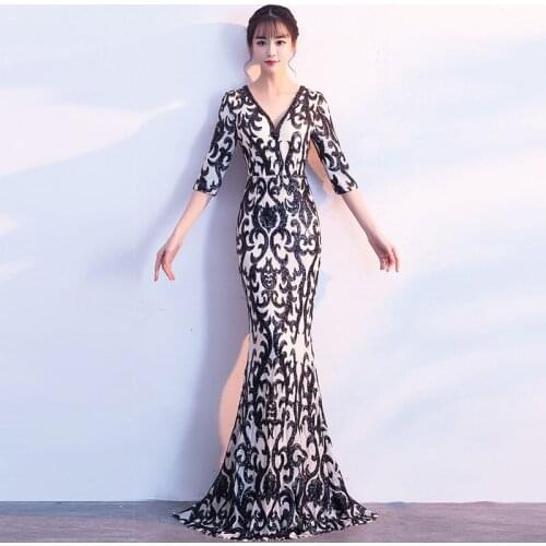 Gold Sequins Chinese Evening Dress Women Mermaid Cheongsam V-neck Long Party Gown Oriental Style Dresses China New Year Costume