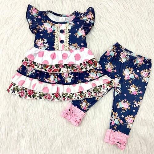 Little girl clothes boutique short sleeve tunic top and leggings 2pcs set girl flowers pattern clothing set