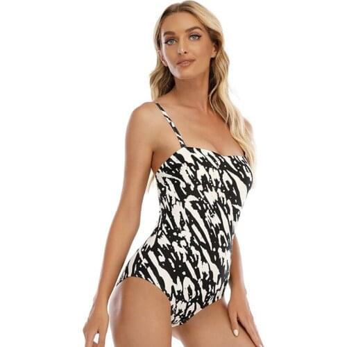 Swimsuit womens triangle piece shoulders black and white one-piece tube top halter European and American swimwear