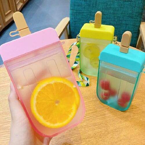 Cute Straw Cup Popsicle Water Bottle Outdoor Juice Drinking Water Bottle Suitable for Adult Children with Rope