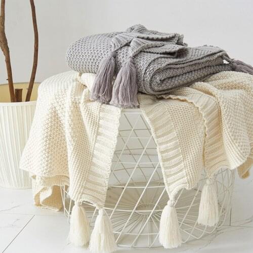 Nordic Solid Color Sofa Knitted Tassel Throw Blanket All Season Warm Fluffy Soft Thicken Nap Shawl Travel Air Condition Blankets