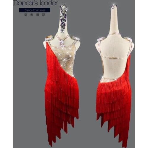 Latin Dance Competition Dresses Performance Fringe Skirt Adult Girls Rhinestone Red Tassel Clothing Samba Dance Dress