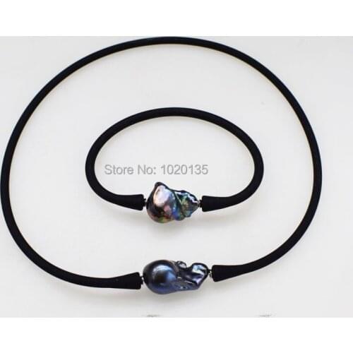 Freshwater pearl reborn keshi black drop baroque and silicone necklace bracelet 40cm 19cm