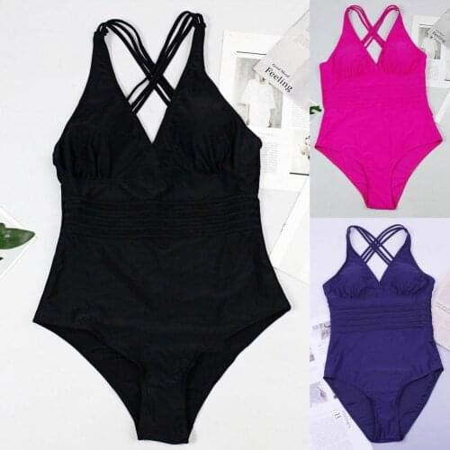 Sexy Women Deep V-neck Solid Color Tummy Control Backless One-piece Bathing Suit Monokini Swimwear Swimsuit Beach Bathing Suit