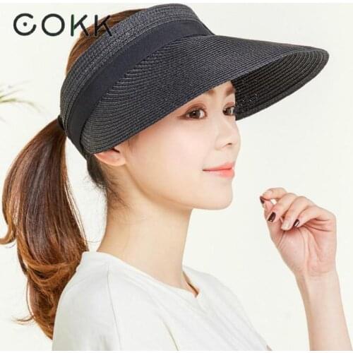 COKK Summer Hats For Women Wide Brim With Bow Sun Hat For Beach Outdoor Straw Hat Female Tennis Visor Chapeu Feminino Toca
