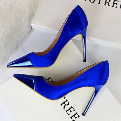 Bigtree Shoes Women High Heels 10cm Sexy Stiletto Ladies Wedding Bridal Shoes Silk Glitter Heels Fetish Metal Woman Pumps Blue