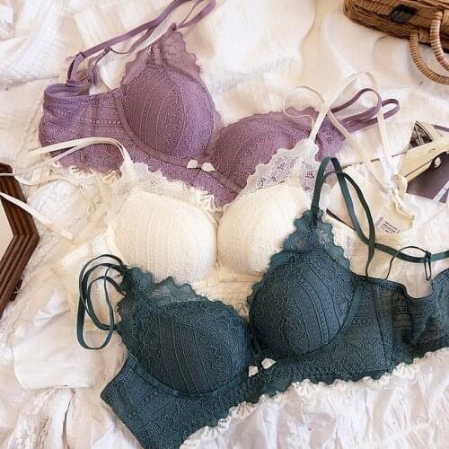 Wire Free Comfortable Push Up Gather Lingerie Suits Lace Bow Girls Dress Underwear Set Small Thin Thick Adjustable Bralette