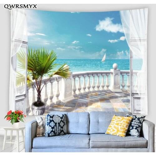 Ocean Scenery Outside The Windowsill Tapestry Art Natural Landscape Wall Hanging Living Room Bedroom Dorm Decor Wall Tapestries
