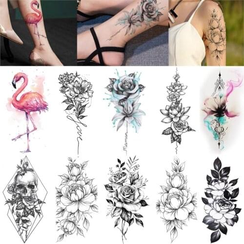 Flamingo Birds Temporary Tattoos Vivid Waterproof Flower Tattoo Stickers Paste For Female Rose Blossom Sexy Tatoo Paste