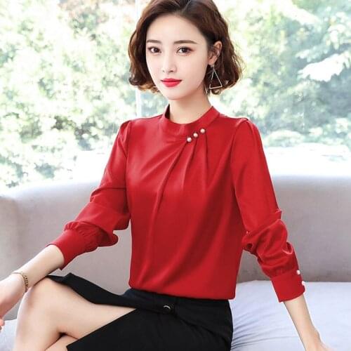 Womens Spring Autumn Style Chiffon Blouse Shirt Womens Solid Color Rivet Bead Solid Color Long Sleeve Korean Elegant Top SP893