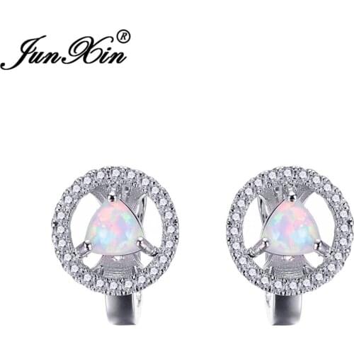 JUNXIN Women White Round Fire Opal Earring Silver Color Hoop Earrings For Women Fashion Jewelry Double Earrings