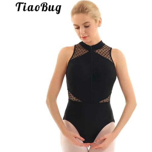 TiaoBug Women One-piece Stage Dance Wear High Neck Sleeveless Mesh Splice Front Zipper Gymnastics Leotard Ladies Ballet Bodysuit