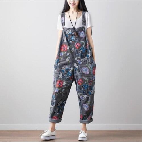Vintage Flower Printed Holes Ripped Jean Jumpsuit Plus Size Overalls For Women Drop Crotch Denim Rompers
