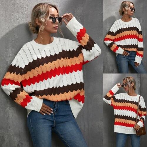Sweaters For Women Pullover 2021 Turtleneck Wave Pattern color-blocking Casual Striped Contrast Sweater Winter Clothes MMY120237