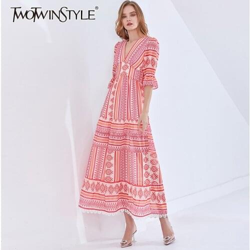 TWOTWINSTYLE Print Vintage Spring Dress For Women V Neck Half Sleeve High Waist Elegant Maxi Dresses Female Fashion New Clothes
